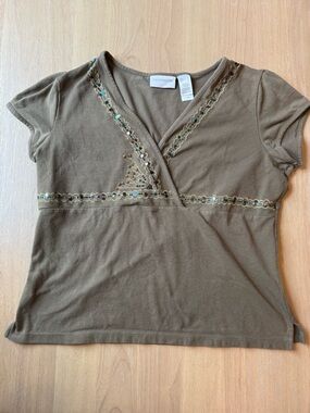 Y2K 2000s Olive Brown Embellished Beaded V-Neck Women's Top